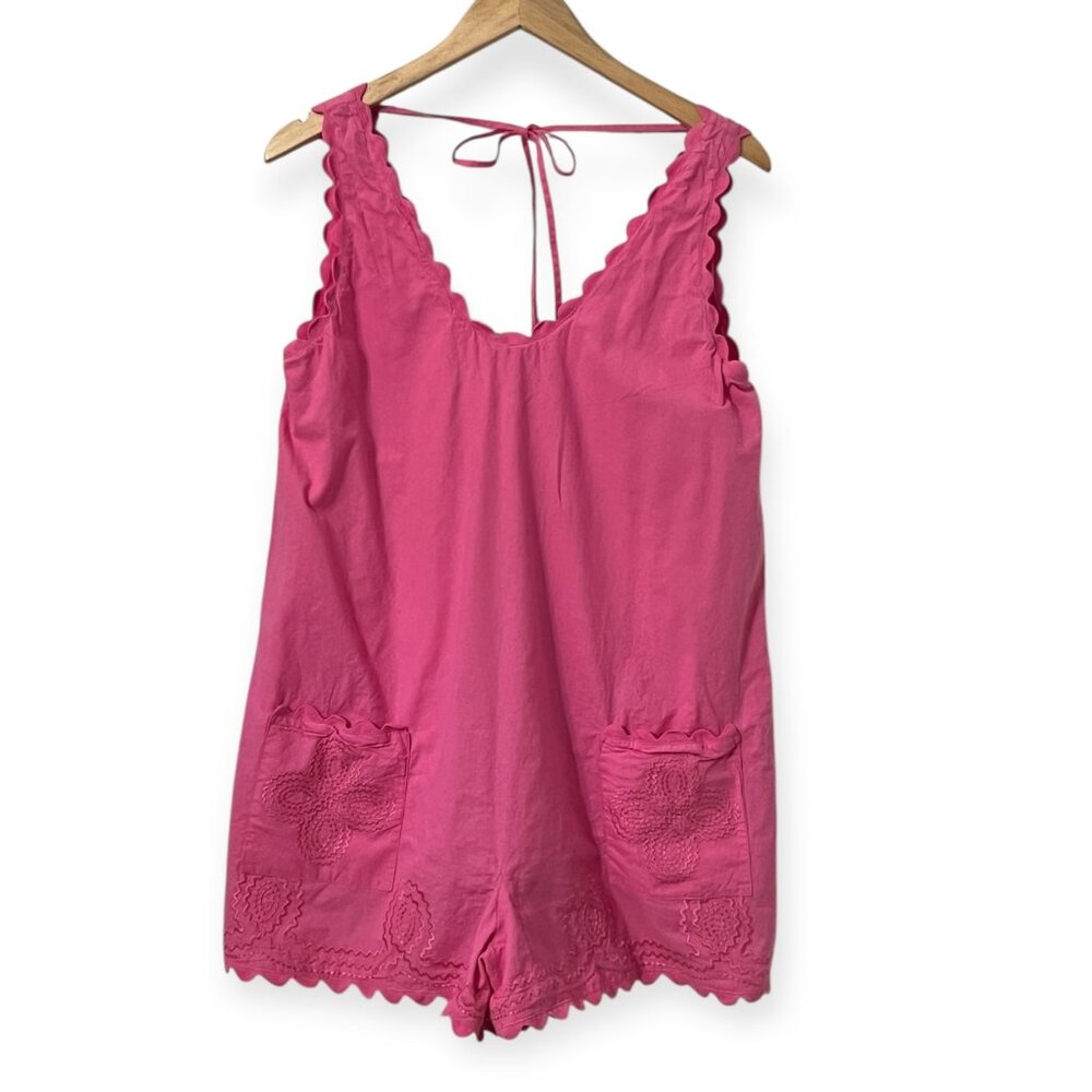 J. Marie Pink Romper Tunic Top Embroidered Scallop Hem Tie Back Size L
